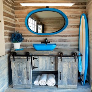 Blue Mid Century Beach Rustic Modern Bathroom Vanity w/Barn Doors Double Sink / Single Sink Farmhouse Rustic Console Wood Storage