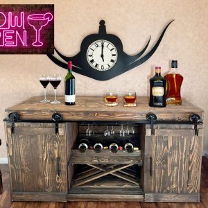Wine Bar Rustic Modern Wooden Barn Doors TV Stand Console Table Buffet Cabinet Coffee Kitchen Island Farmhouse Center Storage Perfect Gift
