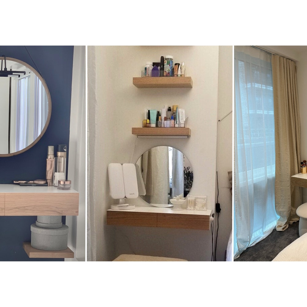 Minimalist white floating dressing table / vanity shelf with oak drawers - Image 3