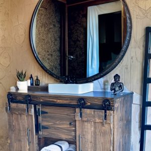 Barn Doors Farmhouse Bathroom Vanity with Vassal Sink, Rustic Modern Style