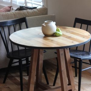 Round Modern Breakfast Nook Table | Natural Reclaimed Wood Table Top with Wooden X Style or Metal Pedestal Leg | Custom Kitchen Furniture