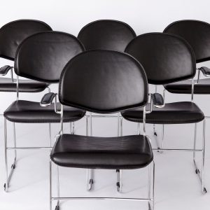 Set of 6 Vintage Stackable Chairs – Metal Frame, Black Leather, Minor Signs of Use, Up to 10 Available