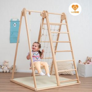 55x40" Large Scandinavian Triangle Climber Complex with Montessori Toddler Rope Accessory and Baby Play Mat Waldorf Soft Play Equipment