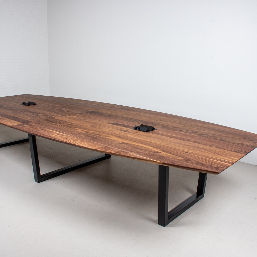 14 Foot Walnut Conference Room Table, Custom Conference Table, Large Conference Room Table with Outlets, Boat Shape Conference Table