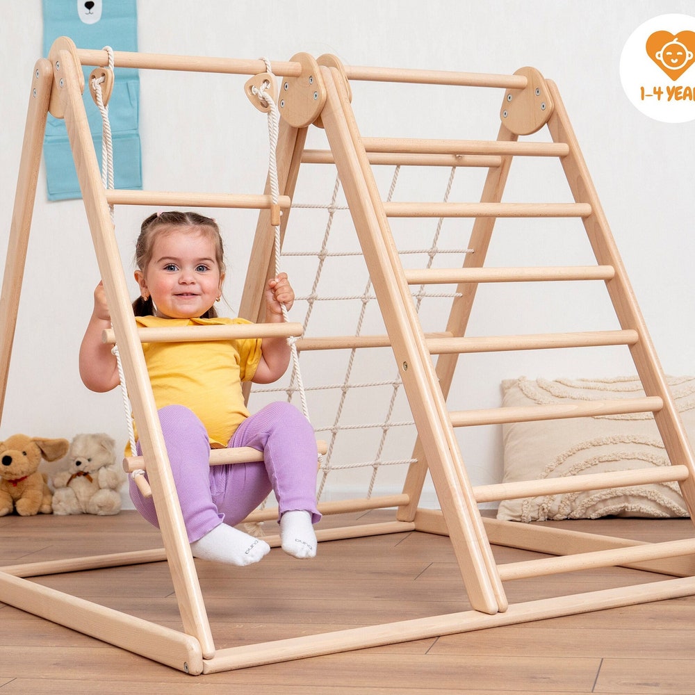 41х37″ Up to 4 Years Small Toddler Climbing Triangle Scandinavian Baby Play Gym, Montessori Play Gym with Waldorf Ladder or Baby Swing