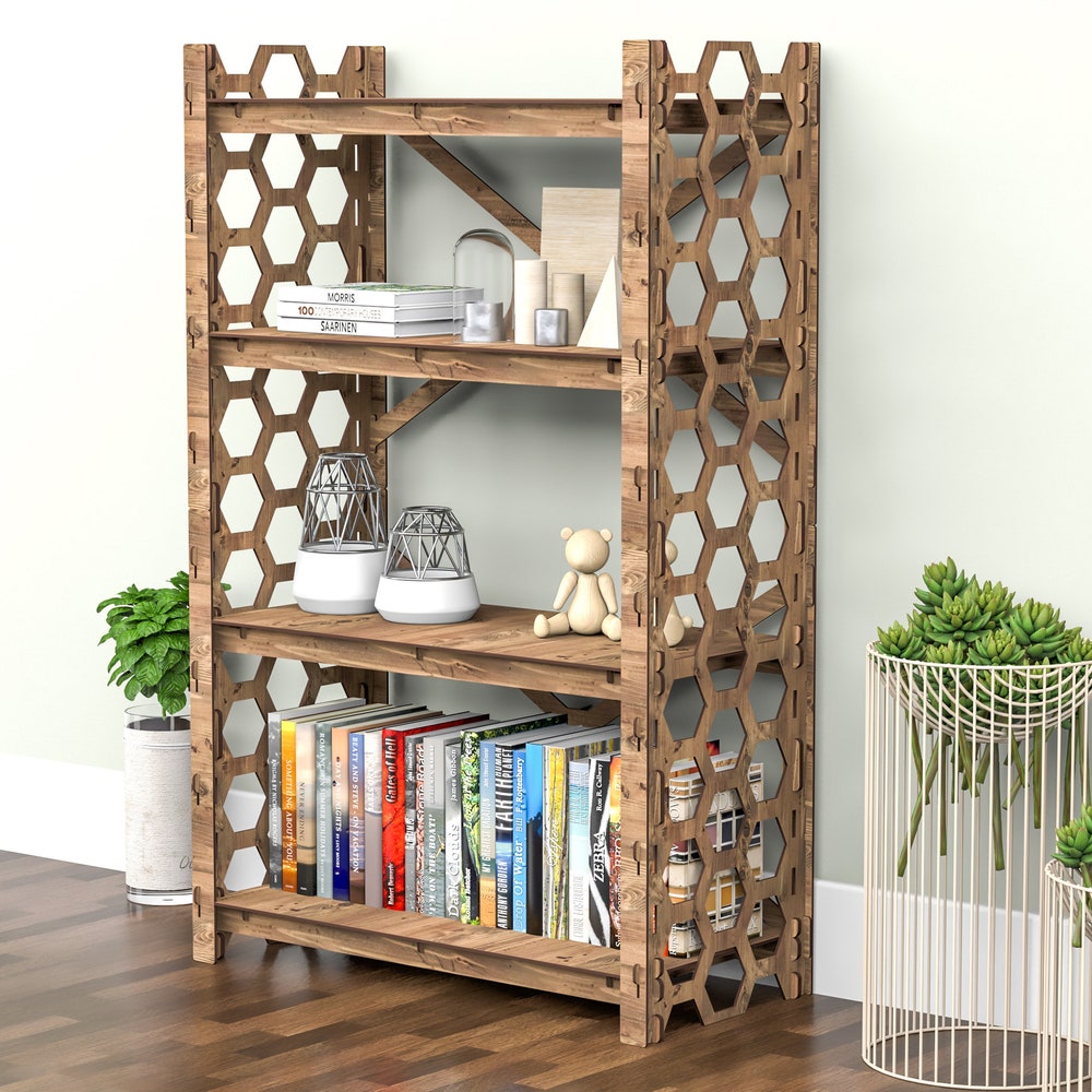 Wooden Bookshelf, Etagere Bookcase "HONEYCOMB" Bookshelves, Shelving Unit, Book Shelf (29.5"w 15"d) Hexagonica