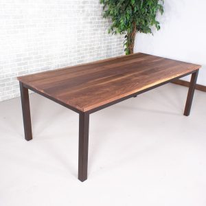 Walnut Parson Dining Table on Burnt Penny Steel Base, Walnut Dining Table Top on Colored Steel Base, Steel Parsons Dining Table