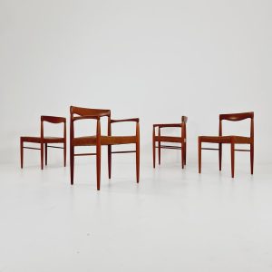 Danish teak & congac faux leather fabric dining chairs by H. W. Klein for Bramin, 1960s, set of 4