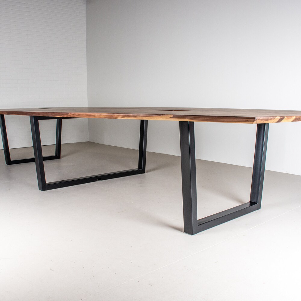 14 Foot Walnut Conference Room Table, Custom Conference Table, Large Conference Room Table with Outlets, Boat Shape Conference Table - Image 4