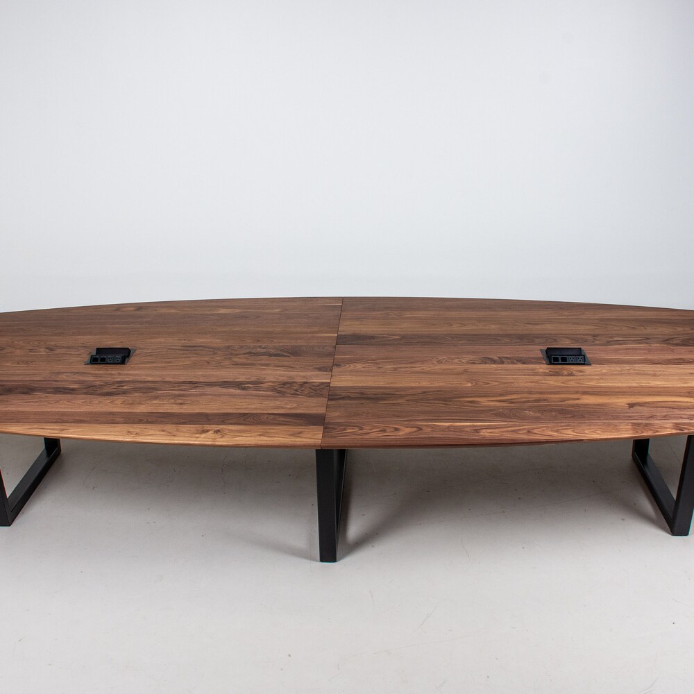 14 Foot Walnut Conference Room Table, Custom Conference Table, Large Conference Room Table with Outlets, Boat Shape Conference Table - Image 3