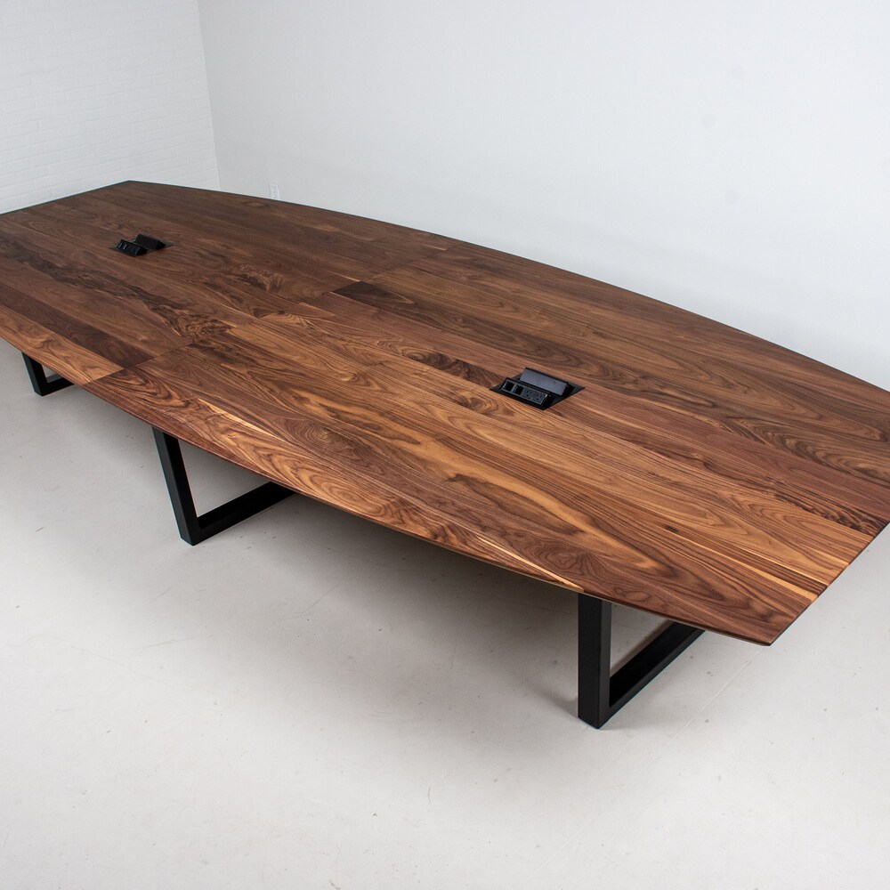 14 Foot Walnut Conference Room Table, Custom Conference Table, Large Conference Room Table with Outlets, Boat Shape Conference Table - Image 2