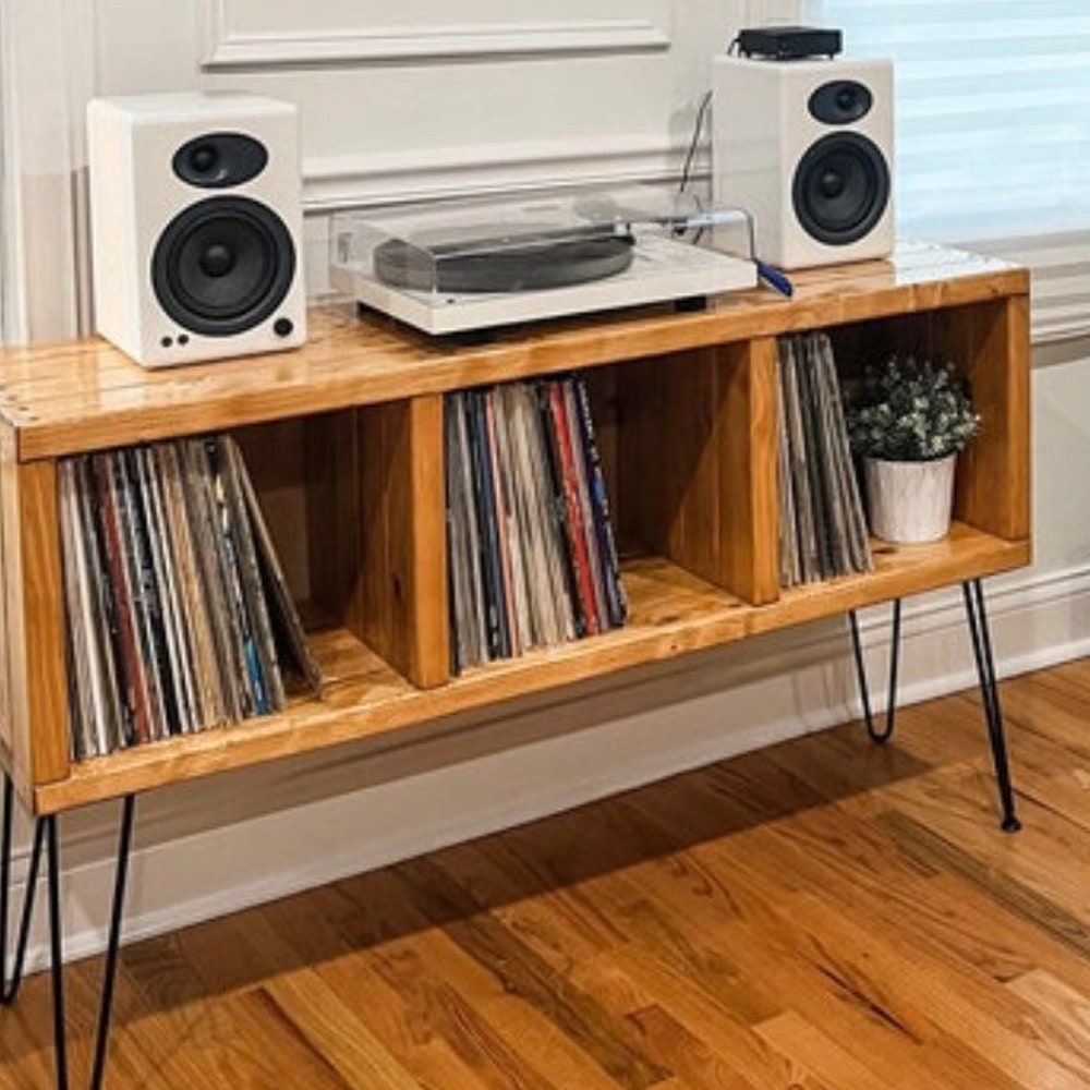 Vinyl Record Storage Record Player Cabinet Vinyl Record Holder Turntable Stand Customizable Handmade Vinyl shelves Tall Metal Legs 32” Tall - Image 3