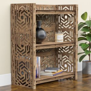 Low Bookcase, Wood Bookshelves, Shelving Unit "SOLAR" Hexagonica