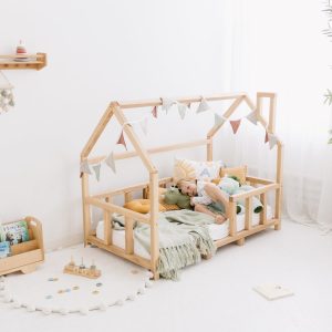 Montessori House Bed Frame with Legs and Slats, Toddler Furniture, Indoor playhouse, Nursery decor, Kid play room, Wood Platform bed