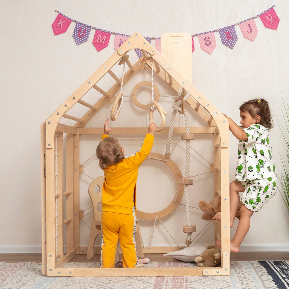 56x43" Up to 6 Years Montessori Climber Playhouse with Waldorf Baby Swing, Gymnastics Rings & Toddler Climber Rope, Handmade Furniture Gift - Image 7