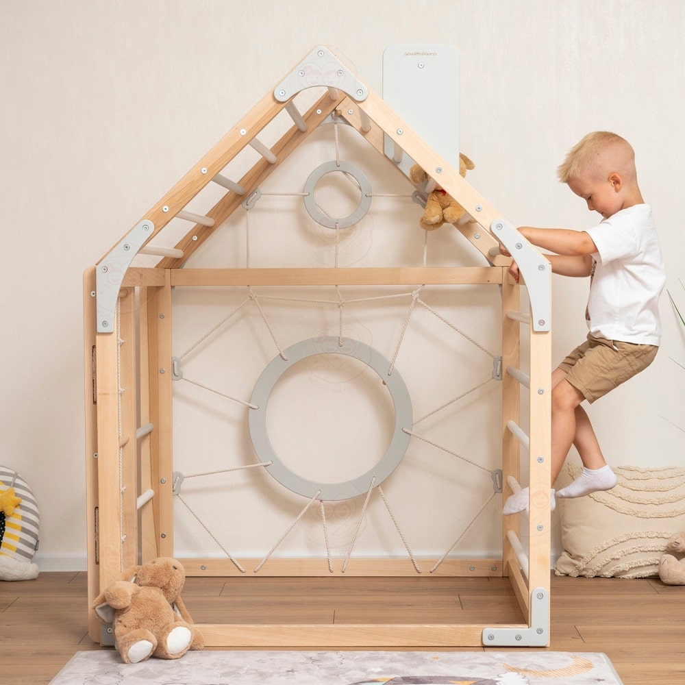 56x43" Up to 6 Years Montessori Climber Playhouse with Waldorf Baby Swing, Gymnastics Rings & Toddler Climber Rope, Handmade Furniture Gift - Image 4