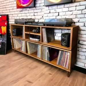Vinyl display open shelf modern turntable dj music cabinet modular Tv stand scandinavian bookshelf reclaimed wood amp storage rustic vintage