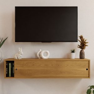 White Oak Floating Media Console Table with Sliding Doors, TV Stand