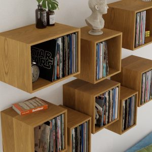 Floating Vinyl Record Storage Shelves in Solid White Oak