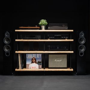 NEW-OAK WOOD, Registered design stand, 4 Tier Threaded Rods Double stand, Lp Turntable Storage, Record Player Stand, Industrial Vinyl Table