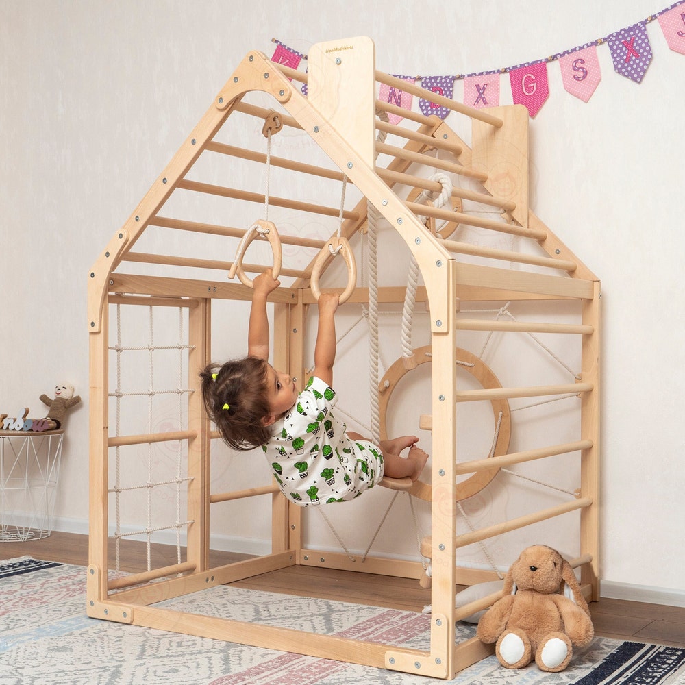 56x43" Up to 6 Years Montessori Climber Playhouse with Waldorf Baby Swing, Gymnastics Rings & Toddler Climber Rope, Handmade Furniture Gift - Image 6