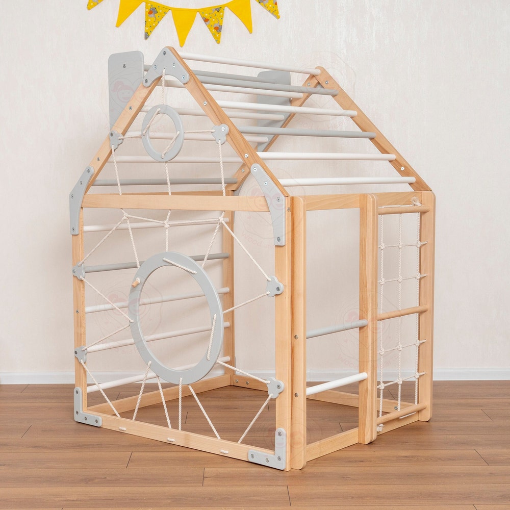 56x43" Up to 6 Years Montessori Climber Playhouse with Waldorf Baby Swing, Gymnastics Rings & Toddler Climber Rope, Handmade Furniture Gift - Image 11