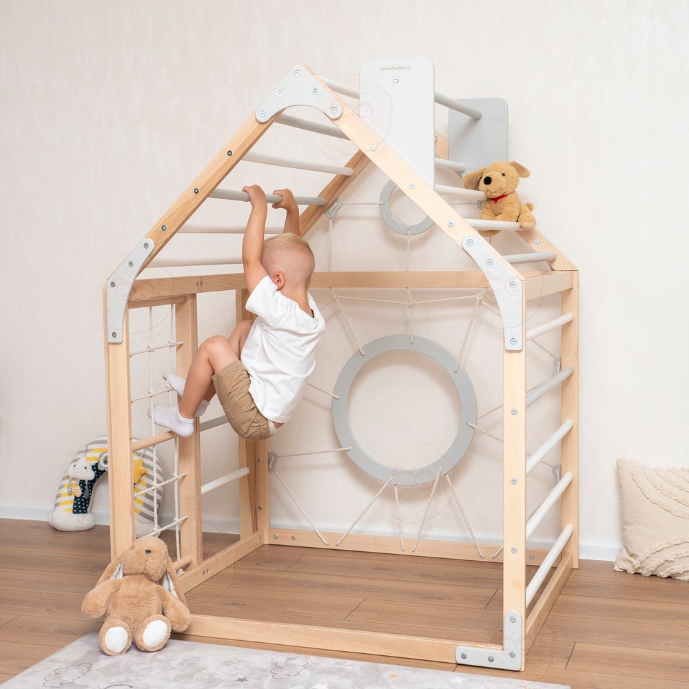 56x43" Up to 6 Years Montessori Climber Playhouse with Waldorf Baby Swing, Gymnastics Rings & Toddler Climber Rope, Handmade Furniture Gift - Image 9