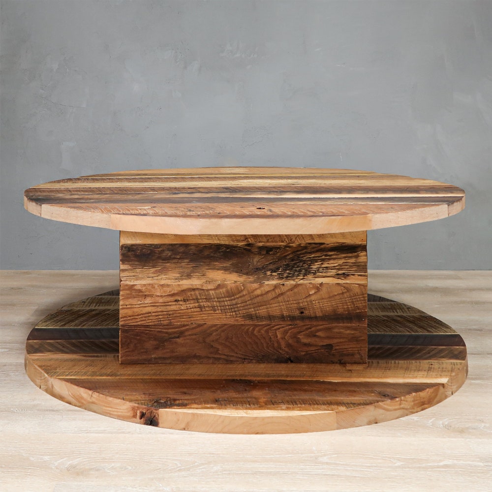 2-Level Round Reclaimed Coffee Table W/Square Base