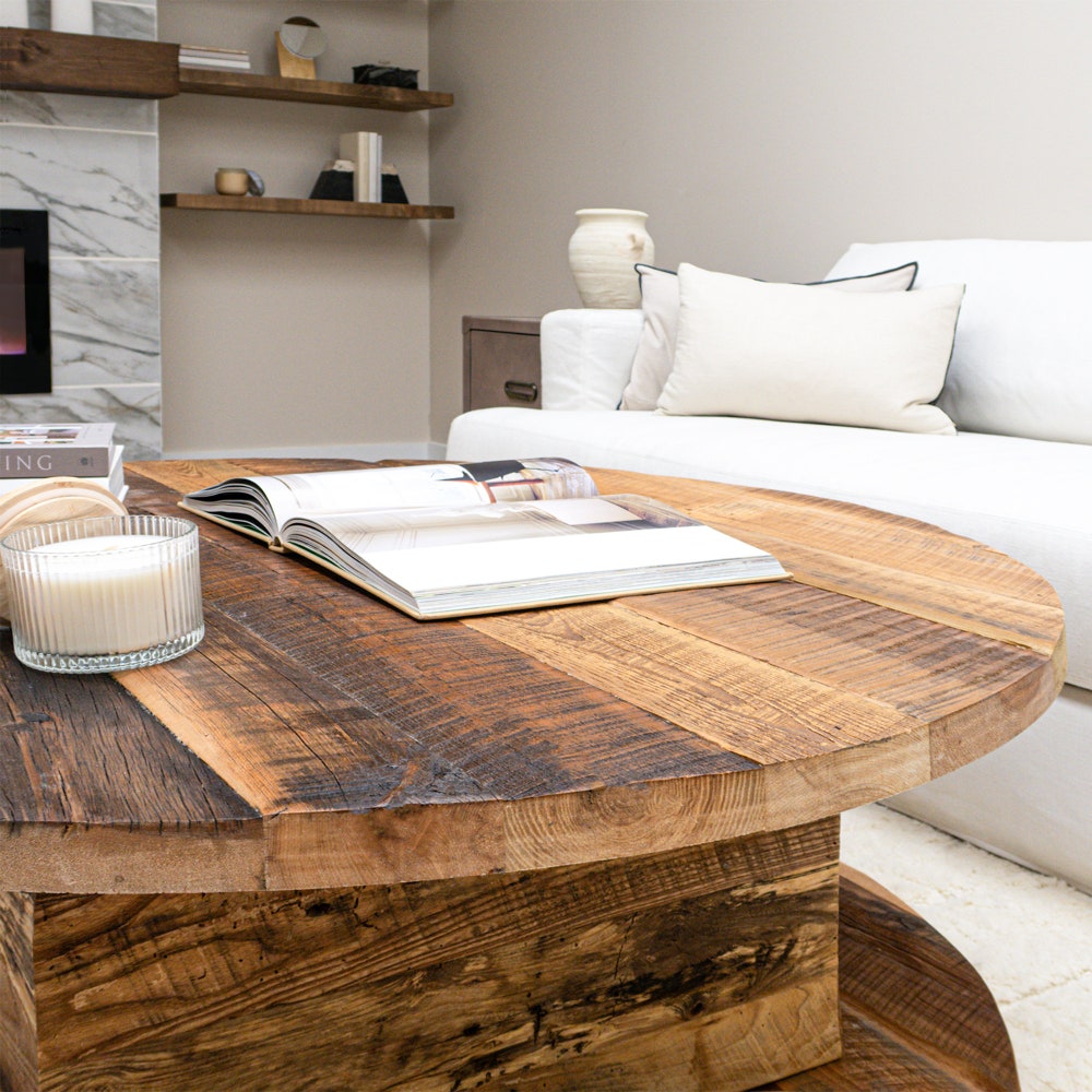 2-Level Round Reclaimed Coffee Table W/Square Base - Image 4