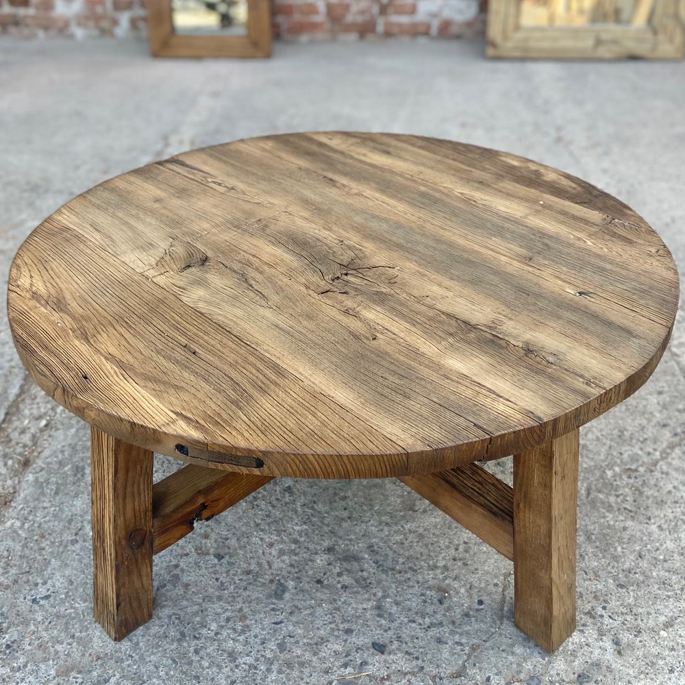Round Rustic Coffee Table Reclaimed Wood, Farmhouse Coffee Table Living Room, Reclaimed BarnWood Furniture Table Round - Image 4