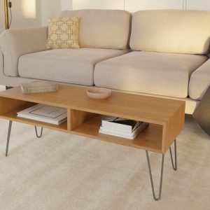 Solid Cherry Coffee Table with Stainless Steel Hairpin Legs, Mid Century Modern