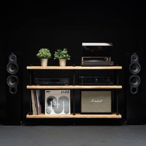 NEW-OAK WOOD, Registered design stand, 3 Tier Threaded Rods Double stand, Lp Turntable Storage, Record Player Stand, Industrial Vinyl Table