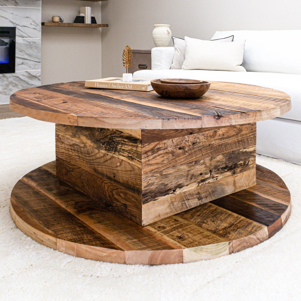 2-Level Round Reclaimed Coffee Table W/Square Base - Image 3