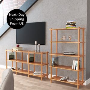 Living Room Short Bookcase with 3 Shelves, Solid Beech Wood Large Media Console, Custom Solid Wood TV Stand, Minimalist Entertainment Center