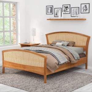 Solid Wood Bed Frame Handmade in Natural Cherry With Curly Maple "River Rushes"