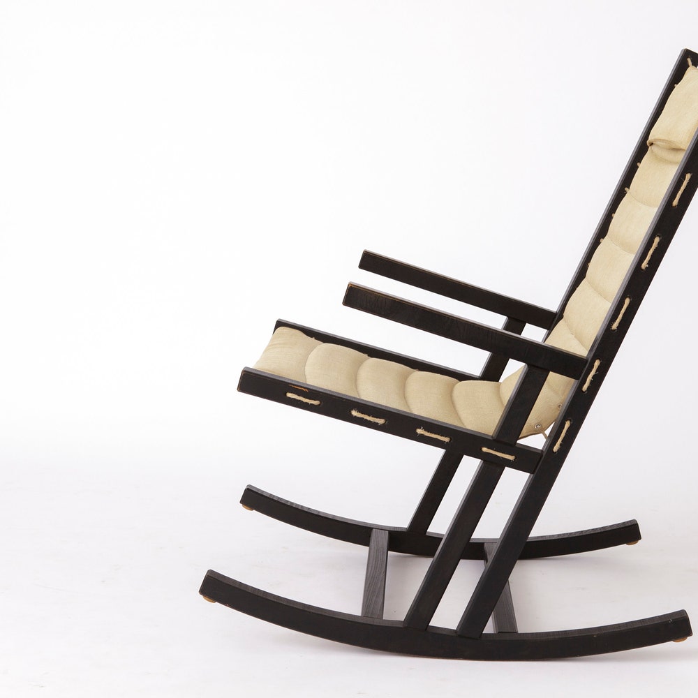 1960s Minimalistic Rocking Chair by Casala – Black Beech & Beige Cotton Cover - Image 4
