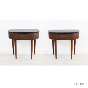 Pair of nightstands in Walnut or Oak and marble top