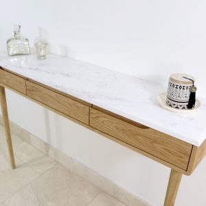 Console table with drawers in Oak or Walnut with marble top.