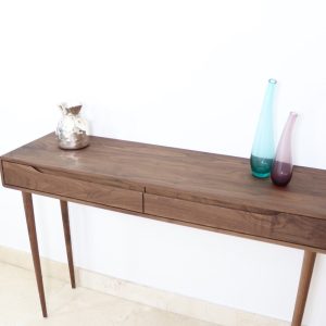 Narrow entryway table with 2 drawers and 4 Legs in solid American Oak or Walnut