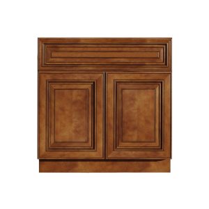 30 Inch Saddle Brown Raised Panel Single Sink Bathroom Vanity with Double Doors, Brown Stained Bathroom Furniture - 30" W x 34.5" H x 21" D