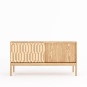 Oak sideboard with two inlaid sliding doors in mid century modern style, credenza, dresser, commode, made of oak veneer, oak + maple inlay