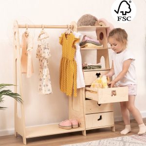 Montessori Wardrobe with Hiden Storage Drawers and Nursery Shelves for Baby Clothes, Plywood Furniture Coat Rack With Shelf, Christmas Gifts