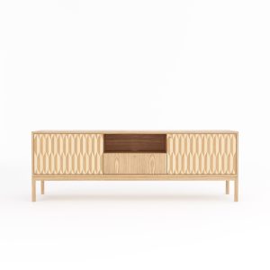 Oak sideboard, TV stand with two inlaid doors and one drawer in mid century modern style, credenza, dresser, commode, media cabinet center