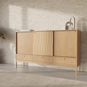 Oak highboard with three inlaid sliding doors and three drawers in mid century modern style, credenza, dresser, commode, made of oak veneer
