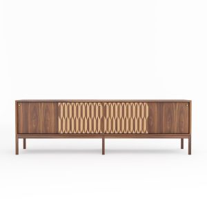 Walnut long sideboard with four inlaid sliding doors in mid century modern style, credenza, dresser, commode, walnut and oak inlay
