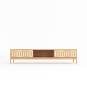 Oak long lowboard, TV stand with two inlaid drawers in mid century modern style, credenza, dresser, commode, media cabinet center