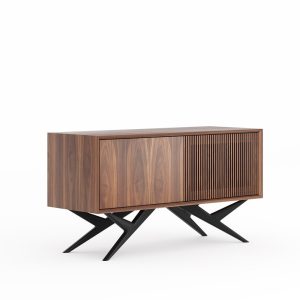 Walnut small cabinet with two slatted doors and organic shape base in mid century modern style, credenza, dresser, commode, TV stand
