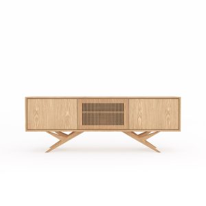 Oak sideboard with three slatted doors and organic shape base in mid century modern style, credenza, dresser, commode, TV stand, media