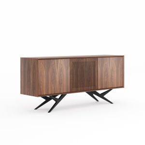 Walnut sideboard with three slatted doors and black organic shape base in mid century modern style, commode, TV stand, walnut buffet