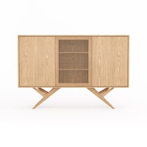 Oak highboard with three slatted doors and organic shape base in mid century modern style, credenza, dresser, commode, media cabinet console